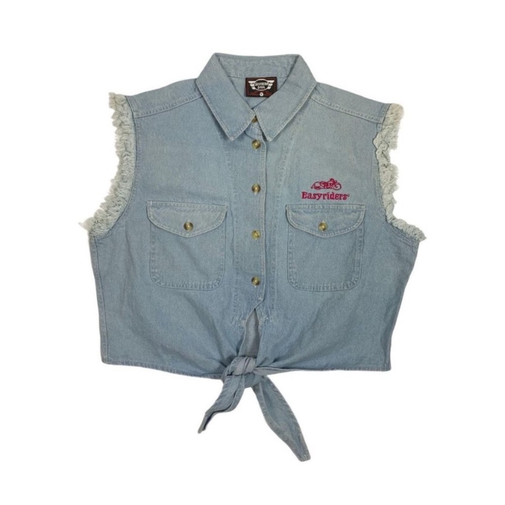 Southern Steel Large Cropped Denim Shirt Front Tie Motorcycle Biker Top